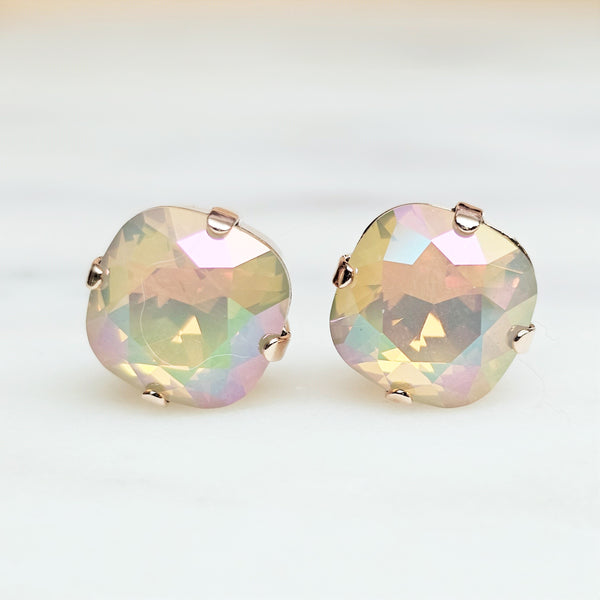 White Opal Purple Haze Cushion Cut Crystal Stud Earrings