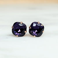 Purple Velvet Cushion Cut Crystal Stud Earrings