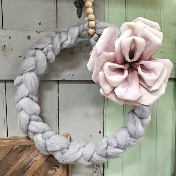 16" Lt. Grey Wool Knit Wreath with Beaded Hanger