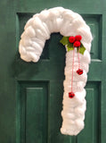 21.5" White Wool Candy Cane with Holly & Bells