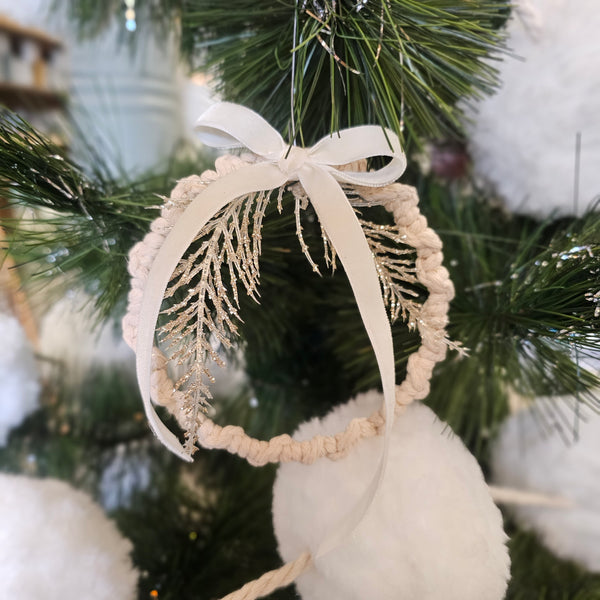 4" Macrame Hoop Wreath with White Velvet Bow