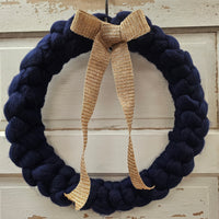 16" Navy Blue Wool Knit Wreath with Gold Bow