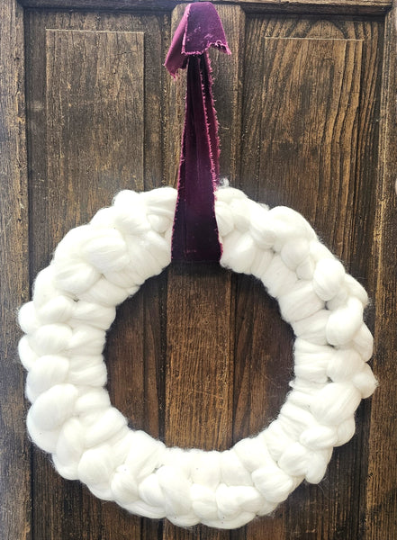 White Wool Knit Wreath with Velvet Maroon Ribbon