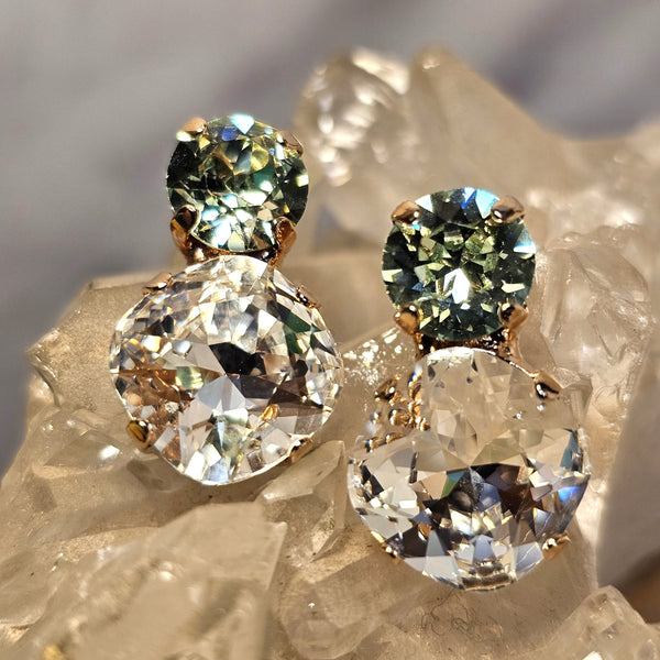 Chrysolite & Crystal Two Stone Stud Earrings