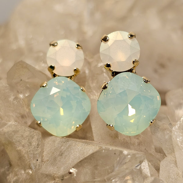 Frosted White Opal & Chrysolite Opal Two Stone Stud Earrings