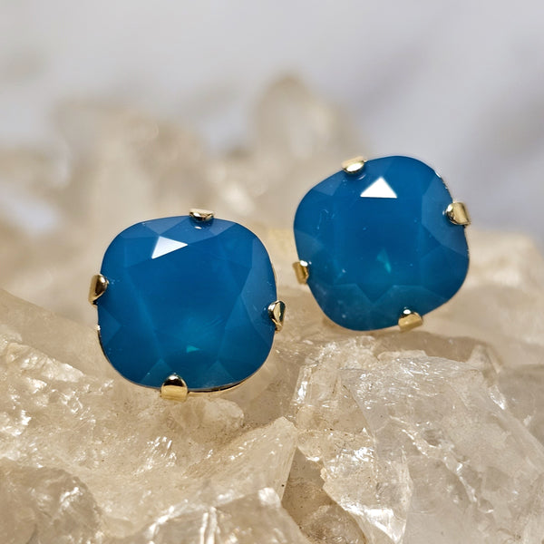 Caribbean Blue Opal Cushion Cut Crystal Stud Earrings