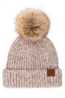 Oatmeal Ribbed Beanie With Faux Fur Pom