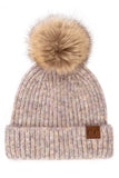 Sand Ribbed Beanie With Faux Fur Pom