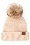 Oatmeal Ribbed Beanie With Faux Fur Pom