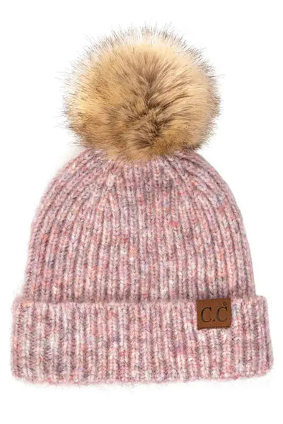 Cotton Candy Ribbed Beanie With Faux Fur Pom