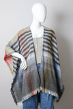 Multicolor Plaid Colorblock Poncho with Fringe Trim