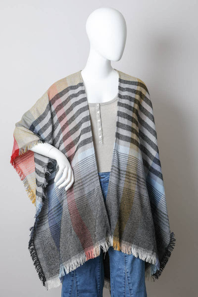 Multicolor Plaid Colorblock Poncho with Fringe Trim