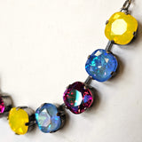 9 Stone Cushion Cut Crystal Necklace - Yellow, Fuchsia, & Blue