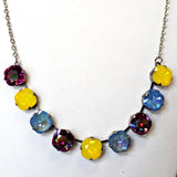 9 Stone Cushion Cut Crystal Necklace - Yellow, Fuchsia, & Blue