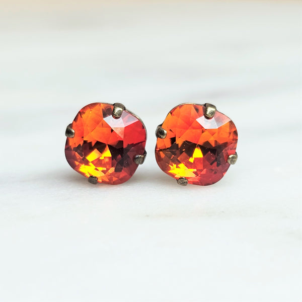 Fire Opal Cushion Cut Crystal Stud Earrings