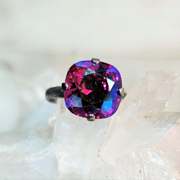 Fuchsia AB Cushion Cut Crystal Ring