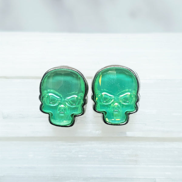 Green Glo Crystal Skull Stud Earrings
