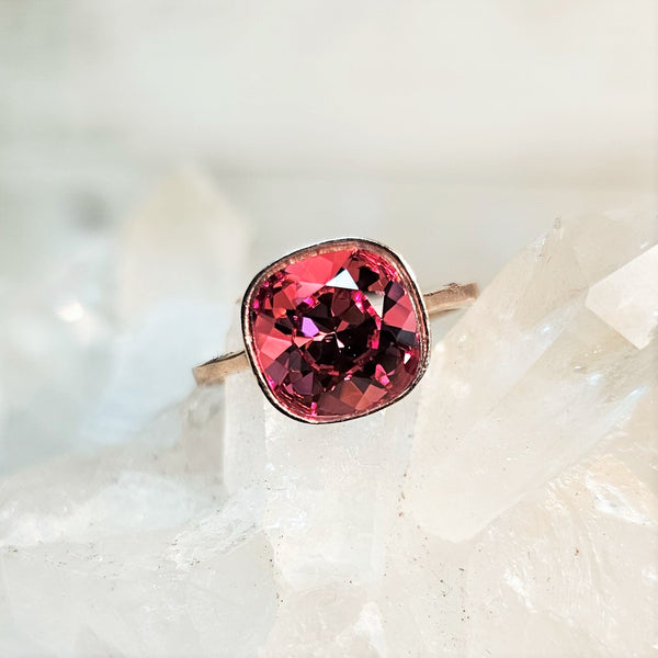 Indian Pink Cushion Cut Crystal Ring