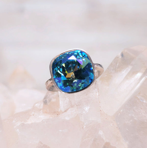 Lt. Turquoise GB Cushion Cut Crystal Ring