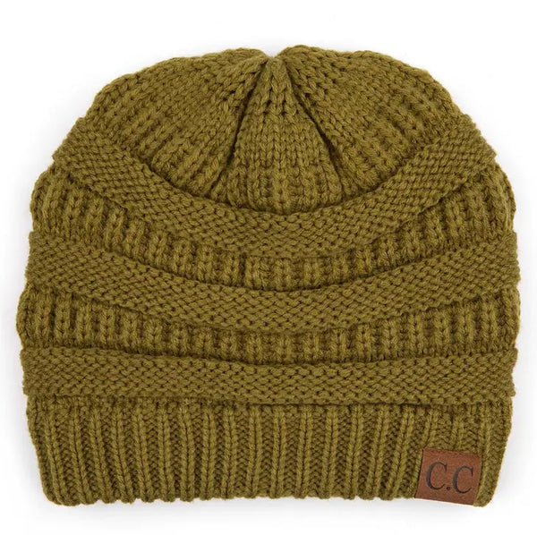 Olive Ribbed Solid Color Beanie