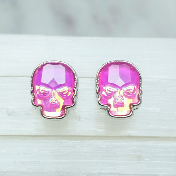 Ultra Pink Crystal Skull Stud Earrings