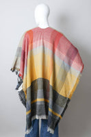 Multicolor Plaid Colorblock Poncho with Fringe Trim