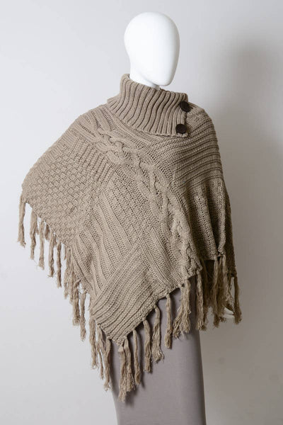 Mocha Turtleneck Knit Poncho With Tassels