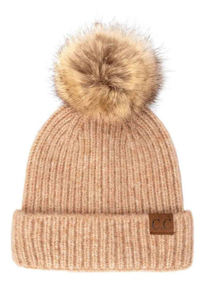 Sand Ribbed Beanie With Faux Fur Pom