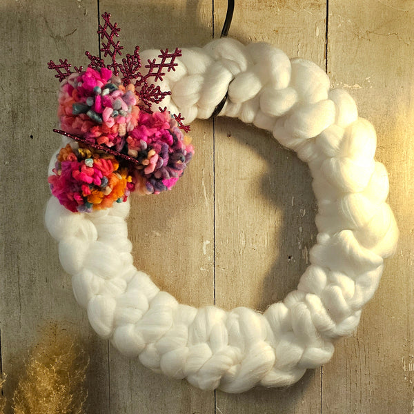 White Wool Knit Wreath with Poms & Pink Snowflakes