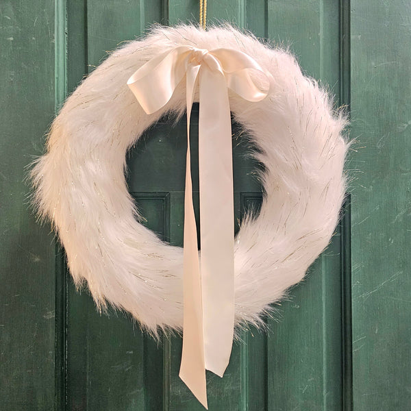14.5" Fluffy White & Gold Wreath with Satin Bow