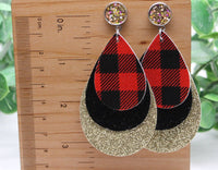 Red Plaid, Black & Gold Glitter Faux Leather Earrings