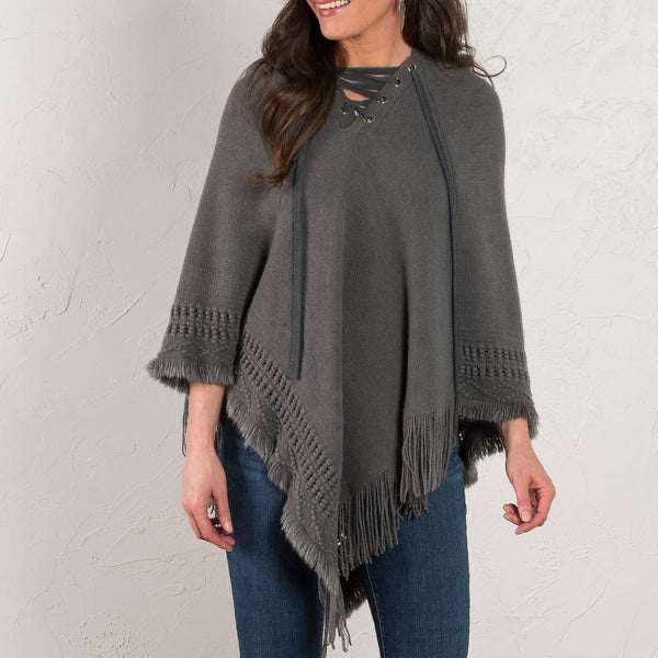 Grey Lace Up Hooded Poncho with Tassel Trim
