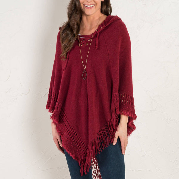 Red Lace Up Hooded Poncho with Tassel Trim
